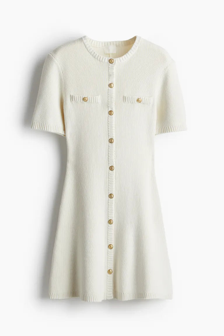 Buttoned Front and Elastic Knit Dress