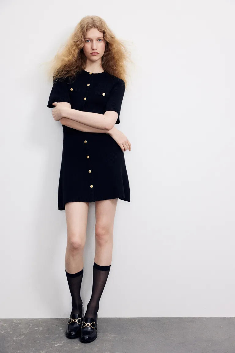 Buttoned Front and Elastic Knit Dress