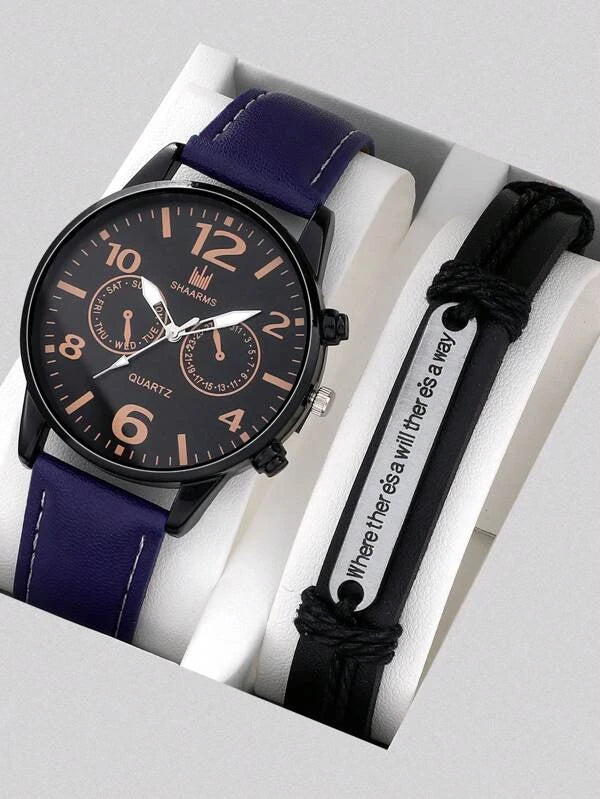 1pc Men Round Pointer Quartz Watch & 1pc Bracelet