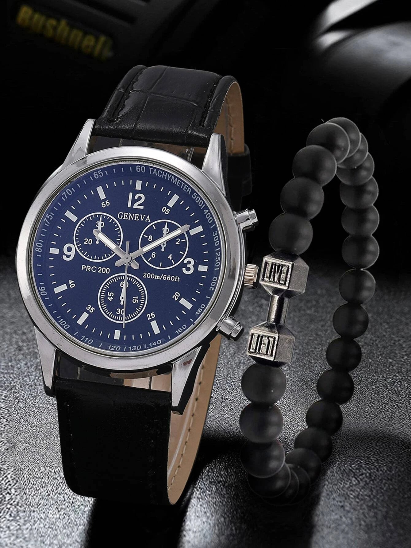 2pcs Men Triple Dial Quartz Watch & Beaded Bracelet