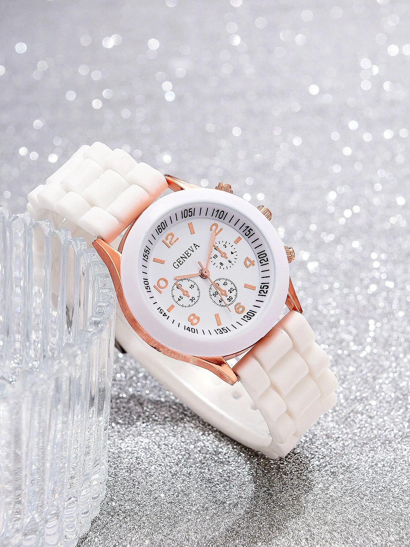 1pc Women White Rubber Strap Casual Round Dial Quartz Watch & 2pcs Jewelry Set, For Daily Life