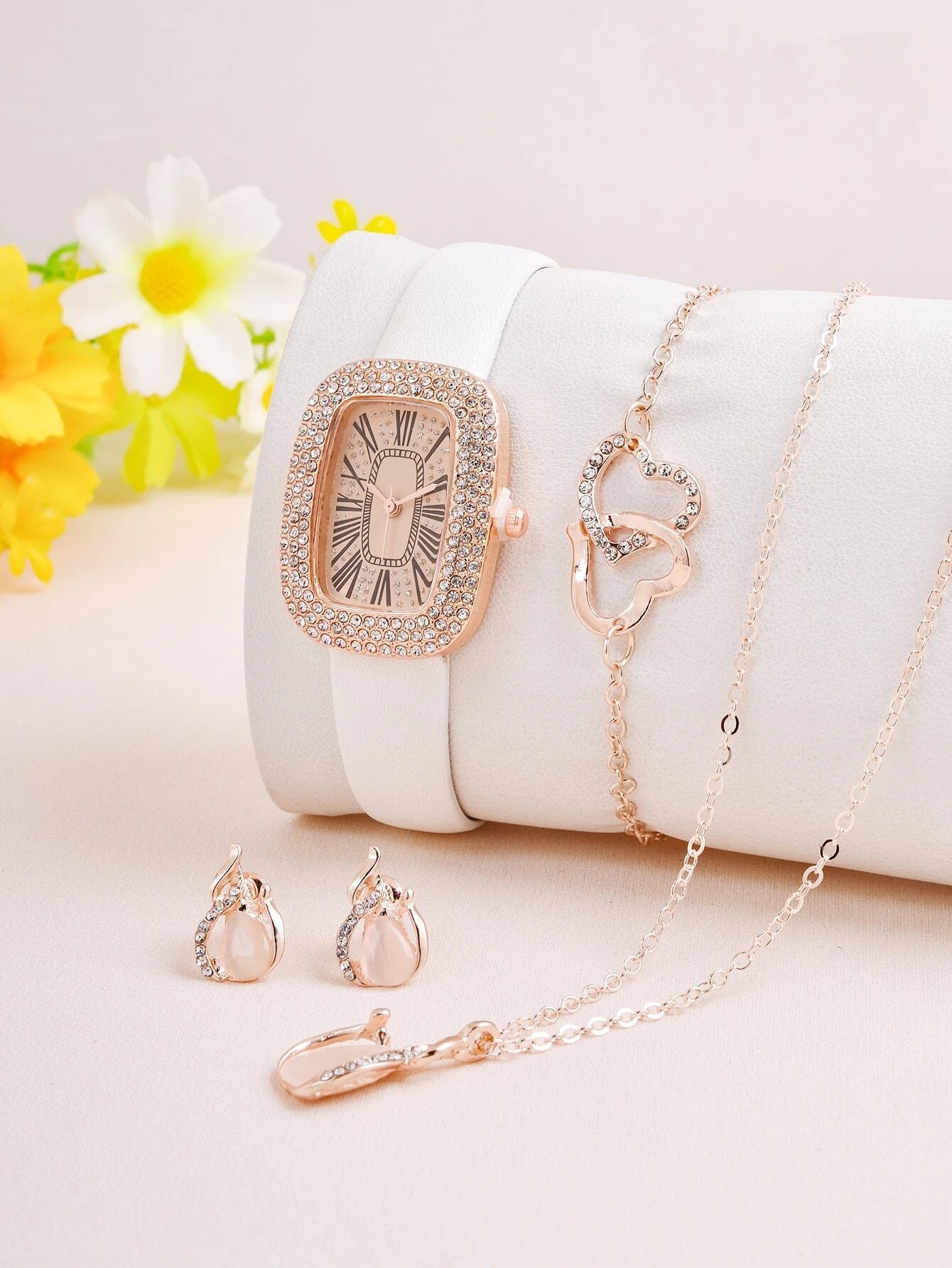1pc Women White PU Polyurethane Strap Glamorous Rhinestone Decor Square Dial Quartz Watch & 4pcs Jewelry Set, For Daily Life