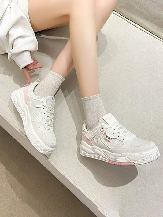 Women Letter Detail Skate Shoes Lace-up Front Sneakers White