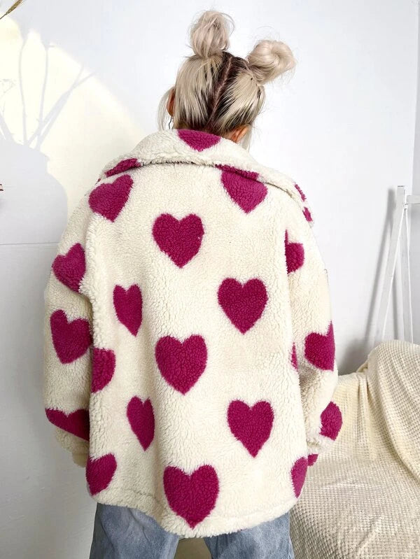 Heart Pattern Drop Shoulder Fleece Jacket