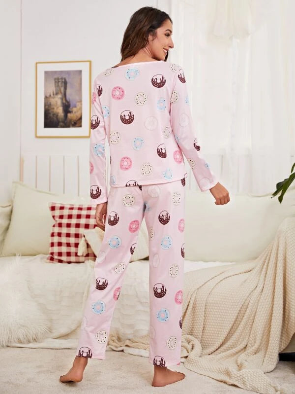 Donuts Graphic Pajama Set & Eye Mask