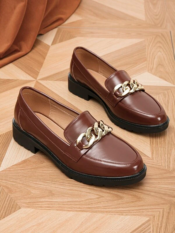 Women Chain Decor Flats Fashion Brown Loafer Flats