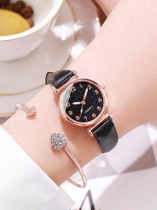 1pc Round Pointer Quartz Watch & 1pc Bracelet