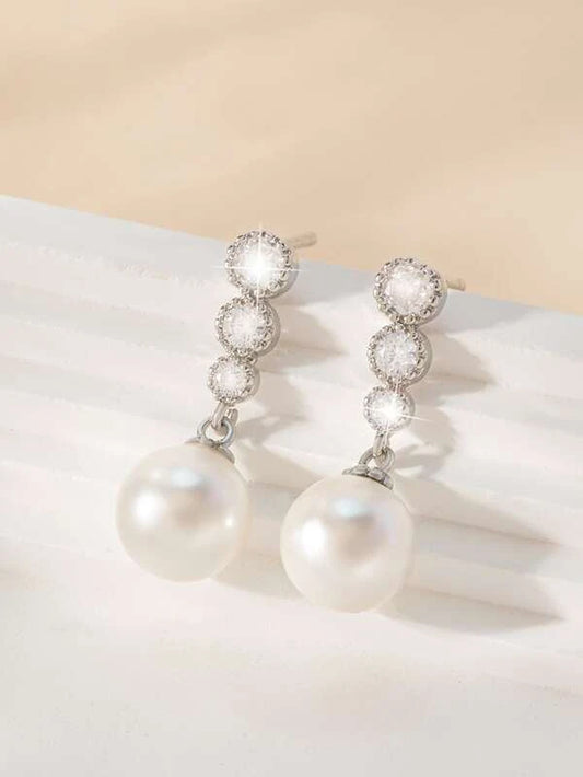 Cubic Zirconia Decor Faux Pearl Drop Earrings