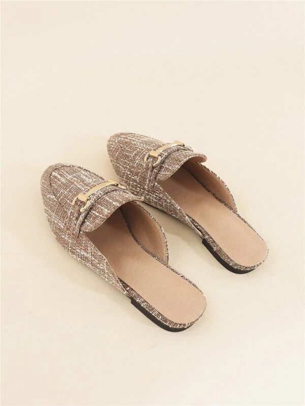 Metal Decor Plaid Pattern Mules