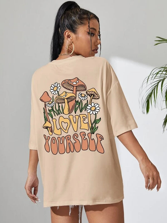 Mushroom & Slogan Graphic Drop Shoulder Tee