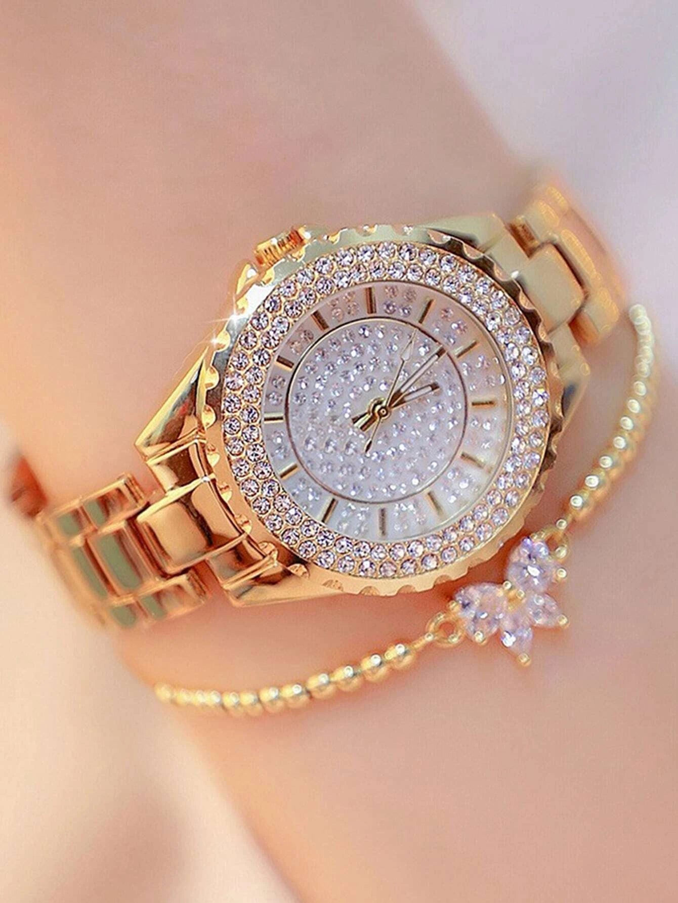 1pc Rhinestone Decor Round Pointer Quartz Watch & 1pc Bracelet