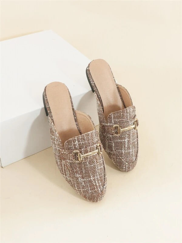 Metal Decor Plaid Pattern Mules