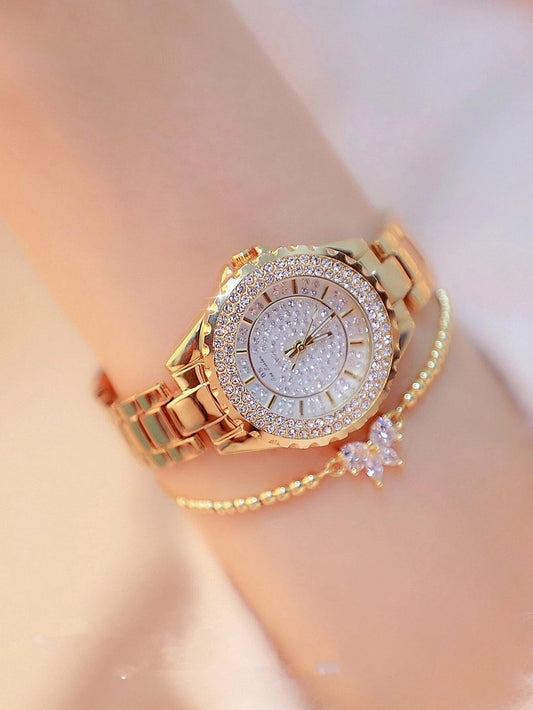 1pc Rhinestone Decor Round Pointer Quartz Watch & 1pc Bracelet