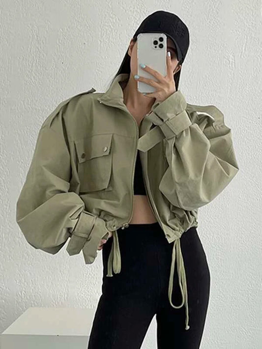 DAZY Flap Pocket Drop Shoulder Drawstring Hem Jacket