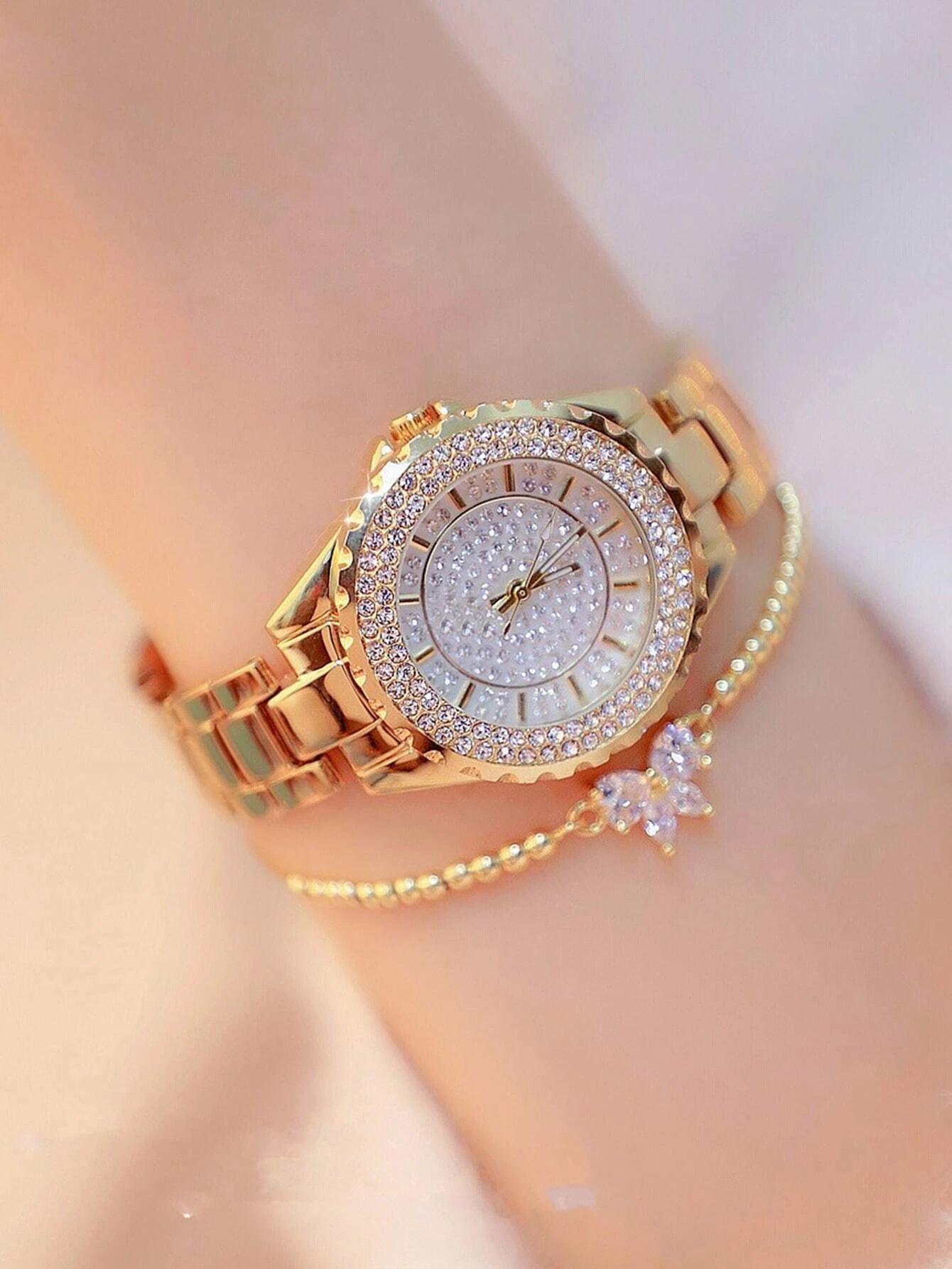 1pc Rhinestone Decor Round Pointer Quartz Watch & 1pc Bracelet