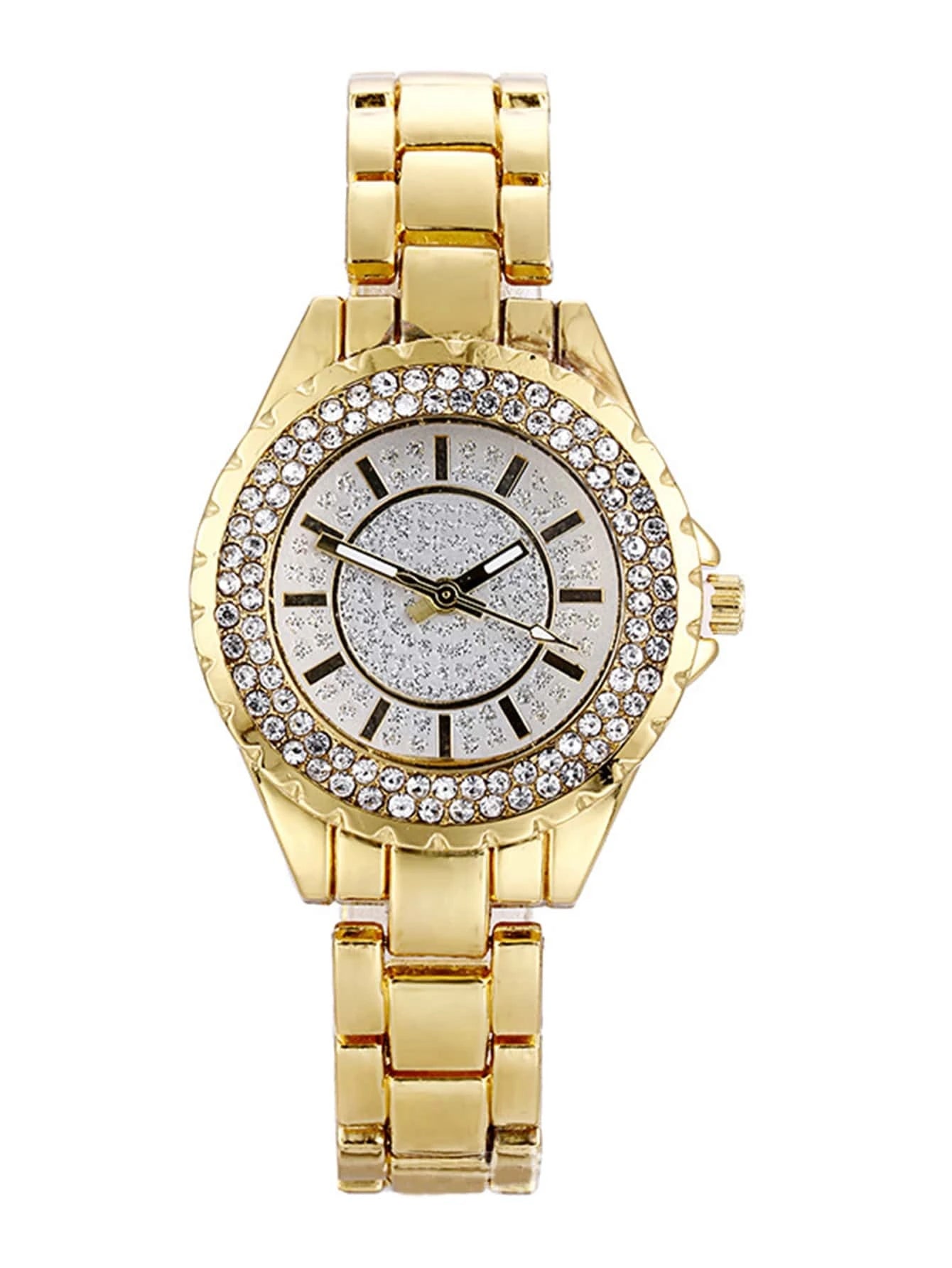 1pc Rhinestone Decor Round Pointer Quartz Watch & 1pc Bracelet