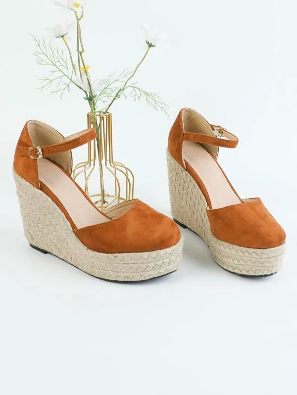 Women Espadrille Sole Wedges Vacation Brown Faux Suede Court Wedges