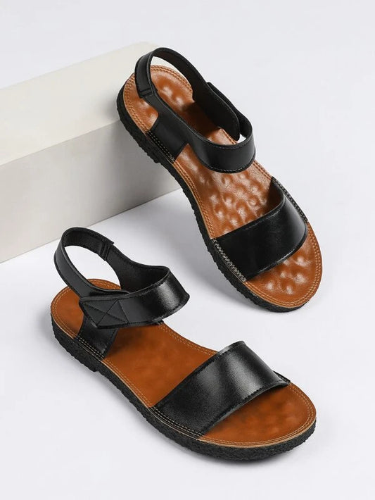 Women Ankle Strap Sandals, Artificial Leather Elegant Flat Sandals Black