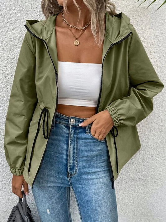 Drawstring Waist Zip-up Hooded Jacket