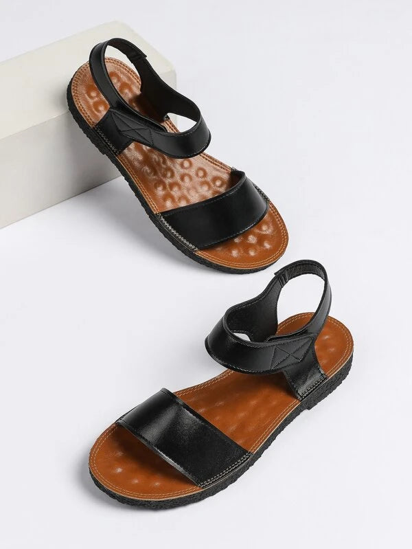 Women Ankle Strap Sandals, Artificial Leather Elegant Flat Sandals Black