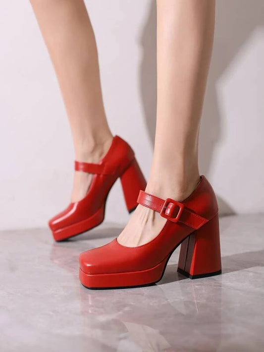 Women Minimalist Square Toe Platform Chunky Heeled Mary Jane Pumps, Elegant Red Pumps