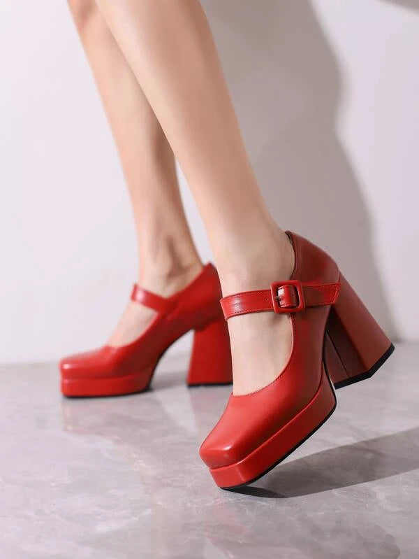 Women Minimalist Square Toe Platform Chunky Heeled Mary Jane Pumps, Elegant Red Pumps
