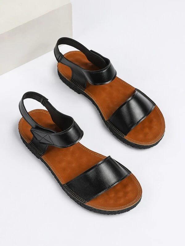 Women Ankle Strap Sandals, Artificial Leather Elegant Flat Sandals Black