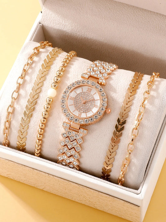 1pc Rhinestone Decor Round Dial Quartz Watch & 5pcs Bracelet