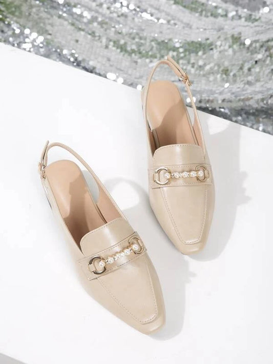 Women Metal & Faux Pearl Decor Slingbacks Square Toe Elegant Flats For Commute