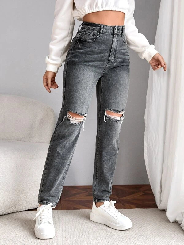 SHEIN Tall High Waist Ripped Mom Fit Jeans