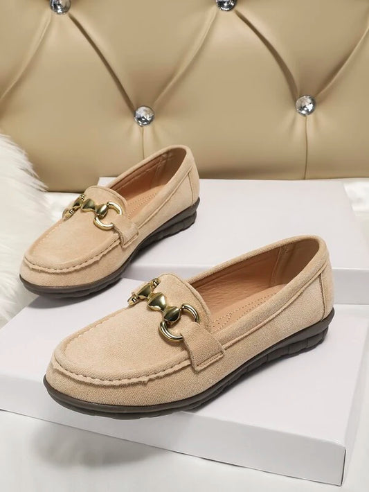 Women Metal Decor Loafers Faux Suede Flats Apricot