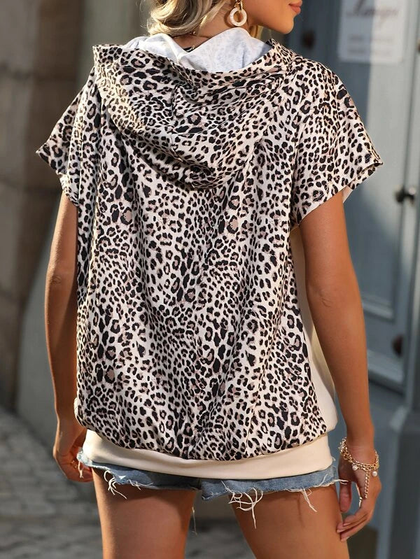 Leopard Print Batwing Sleeve Drawstring Hooded Sweatshirt