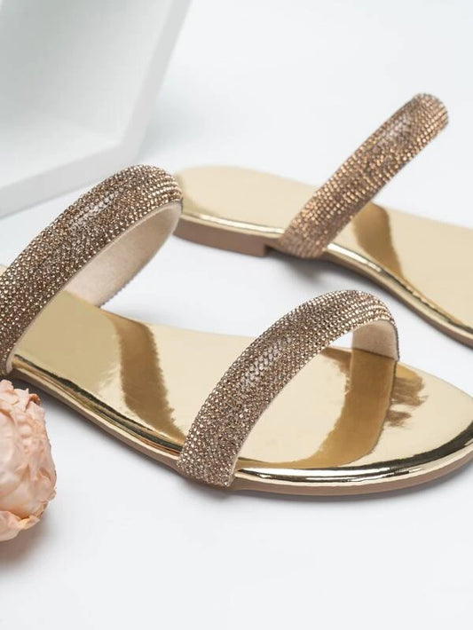 Women Rhinestone Decor Flat Sandals, Glamorous Summer Slide Sandals