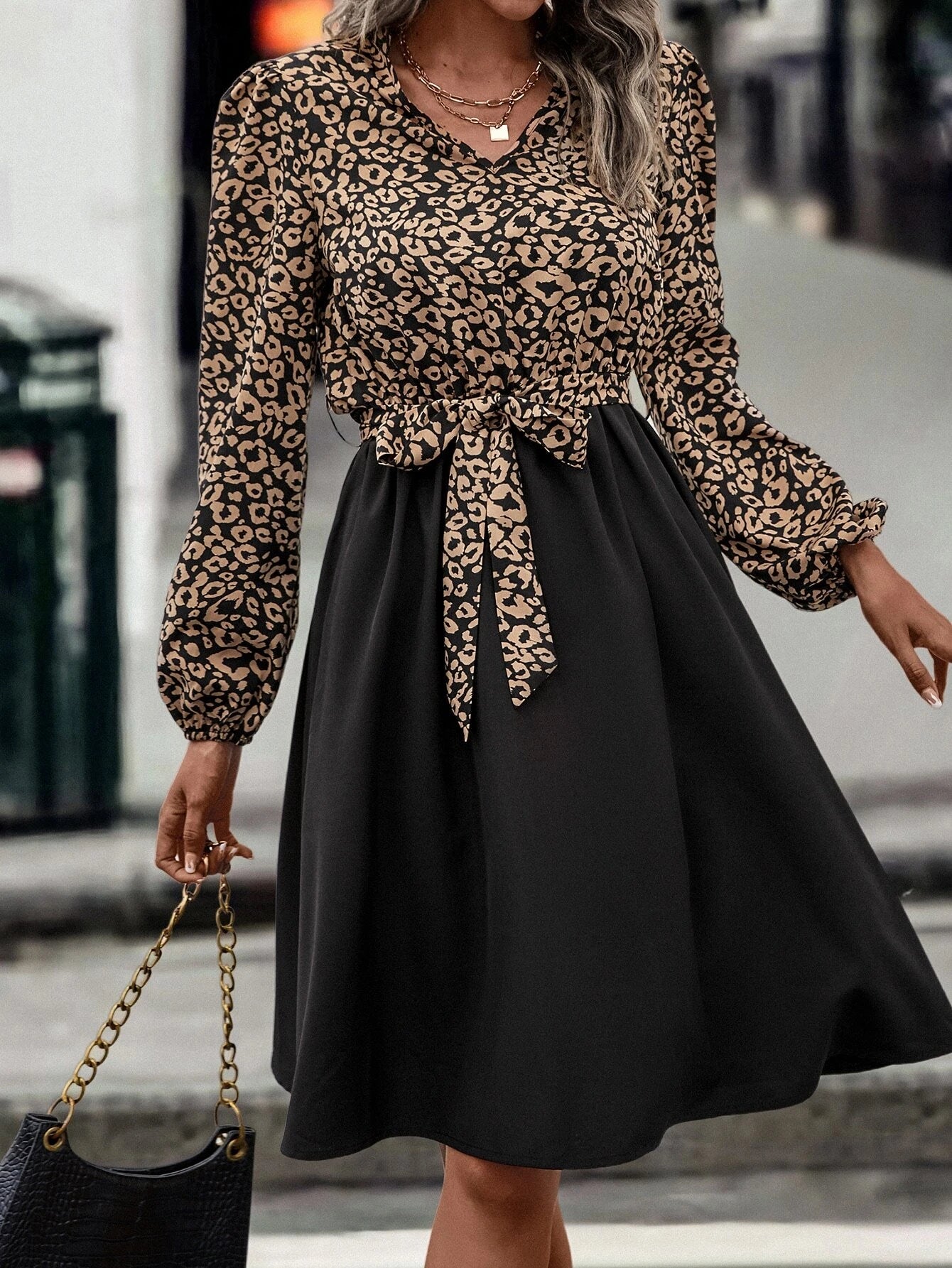 Leopard Spliced Bishop Sleeve Belted Dress