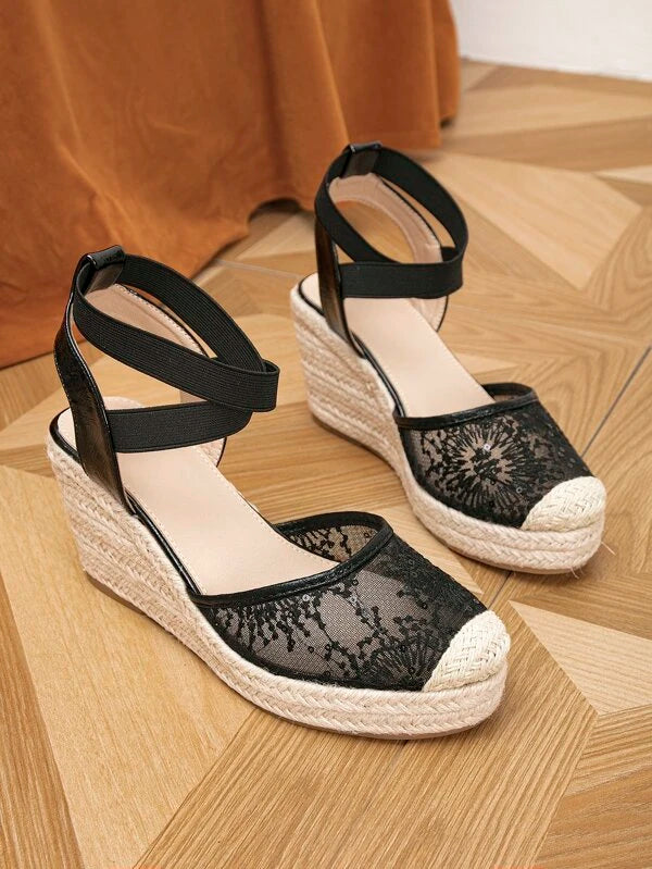 Floral Lace Espadrille Ankle Strap Wedge Shoes