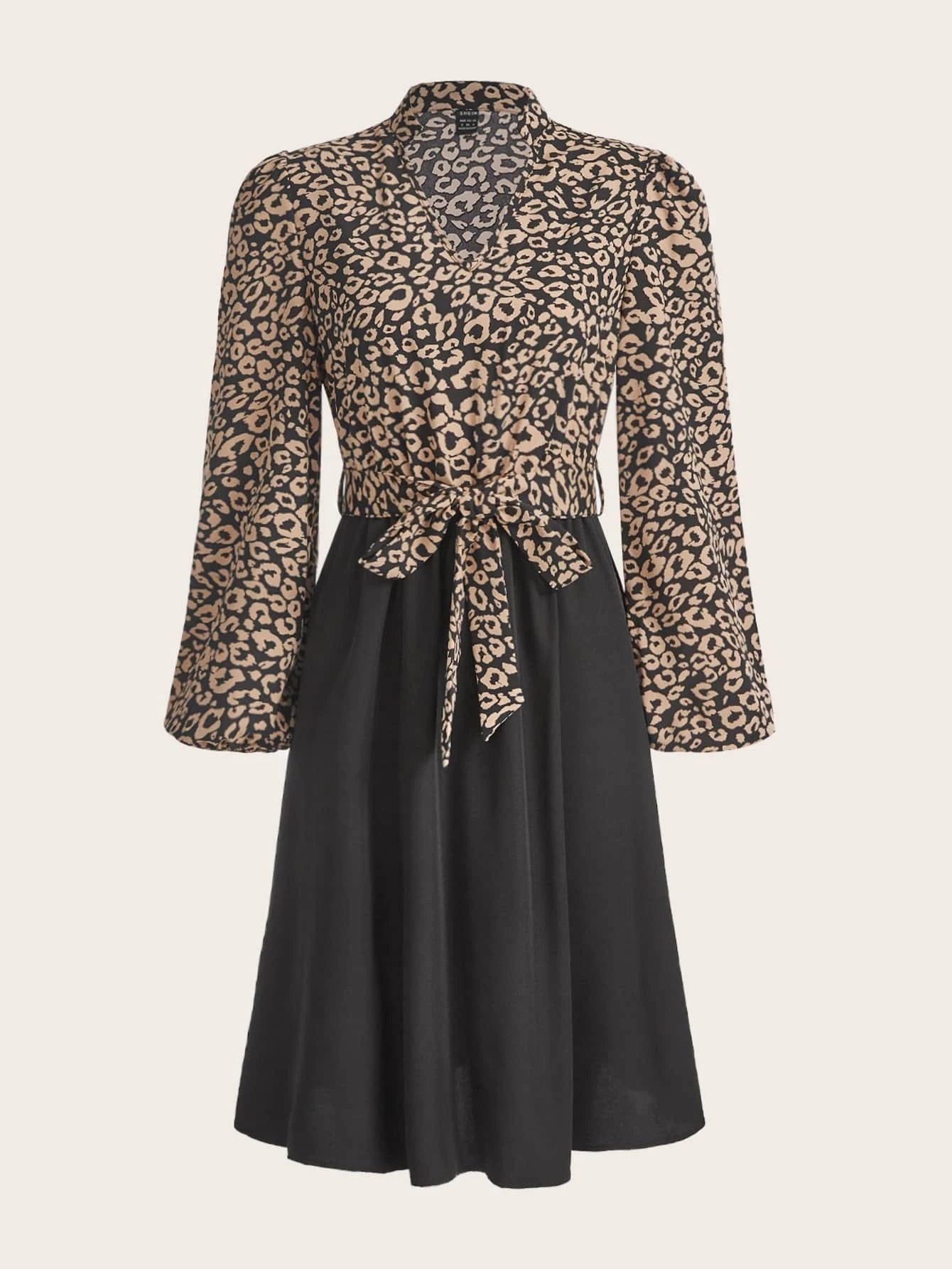 Leopard Spliced Bishop Sleeve Belted Dress