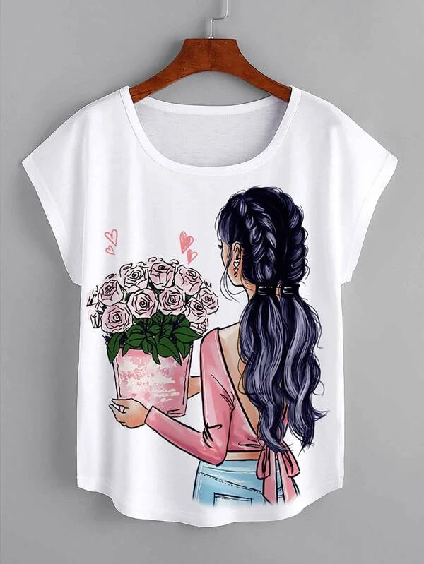 Floral & Figure Graphic Batwing Sleeve Tee