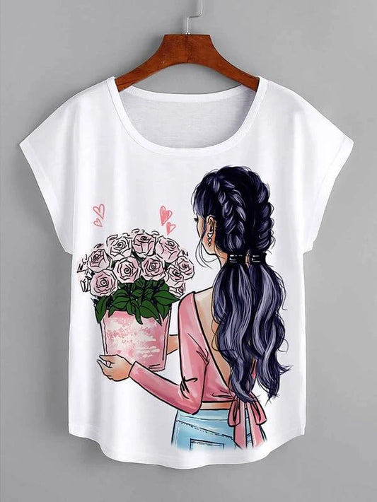 Floral & Figure Graphic Batwing Sleeve Tee