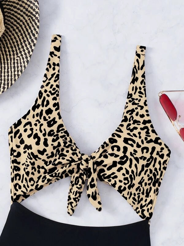 Leopard Cut-out Knot Front One Piece Swimsuit