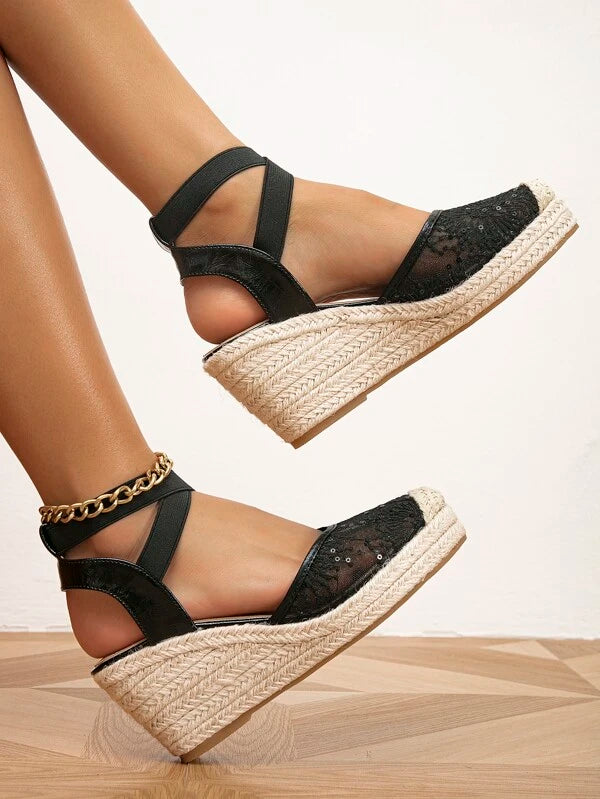 Floral Lace Espadrille Ankle Strap Wedge Shoes