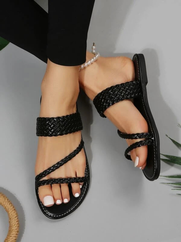 Women Braided Detail Flat Sandals, Fashionable Black Slide Sandals