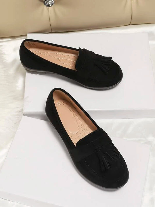 Women Tassel Decor Loafers Faux Suede Elegant Flats Black