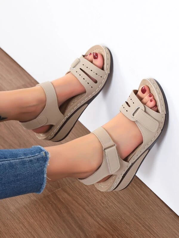 Hook-and-loop Fastener Ankle Strap Wedge Sandals