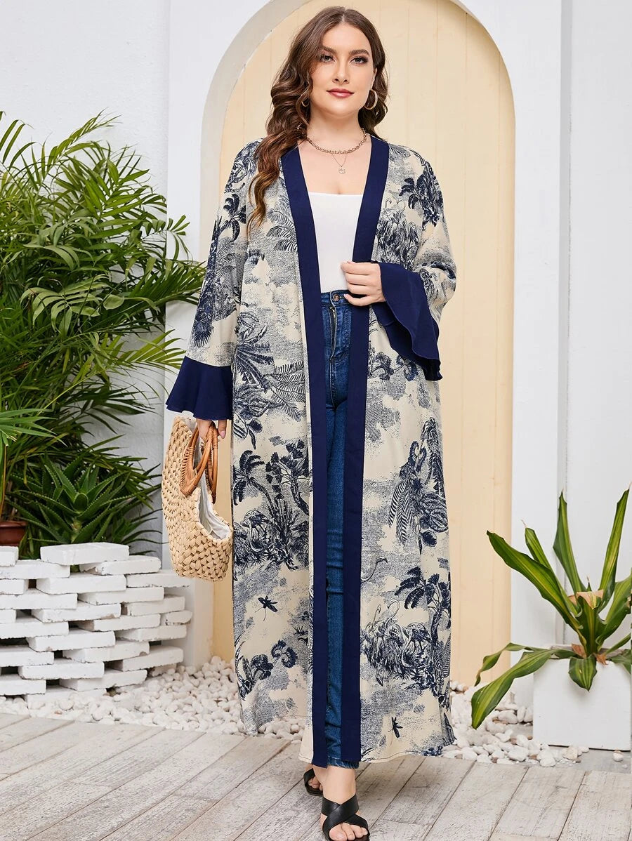 SHEIN Najma Plus Plant & Floral Print Flounce Sleeve Abaya