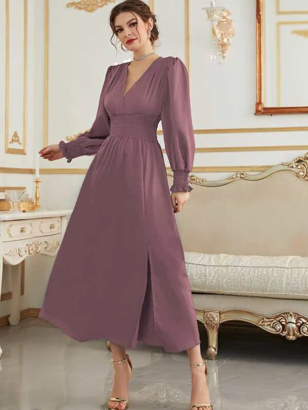 Solid Shirred Waist Lantern Sleeve Split Thigh Dress