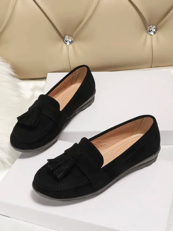 Women Tassel Decor Loafers Faux Suede Elegant Flats Black