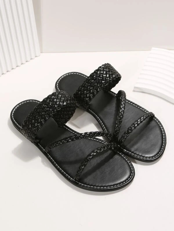 Women Braided Detail Flat Sandals, Fashionable Black Slide Sandals