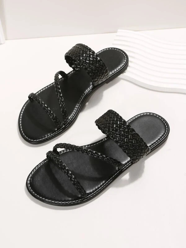 Women Braided Detail Flat Sandals, Fashionable Black Slide Sandals