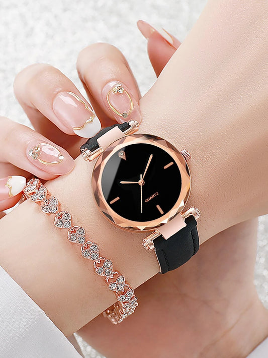 1pc Round Pointer Quartz Watch & 1pc Bracelet