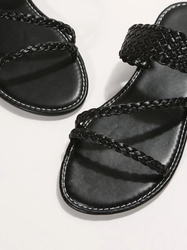 Women Braided Detail Flat Sandals, Fashionable Black Slide Sandals